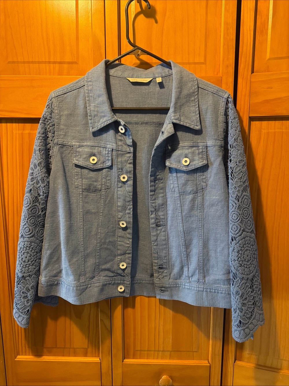 Soft Surroundings Light Blue Denim Jacket with Crochet Sleeves